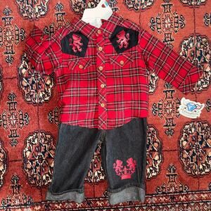 Glamajama Baby Boy 3-6 Mo. NWT Red Flannel Shirt +‎ Jeans Outfit